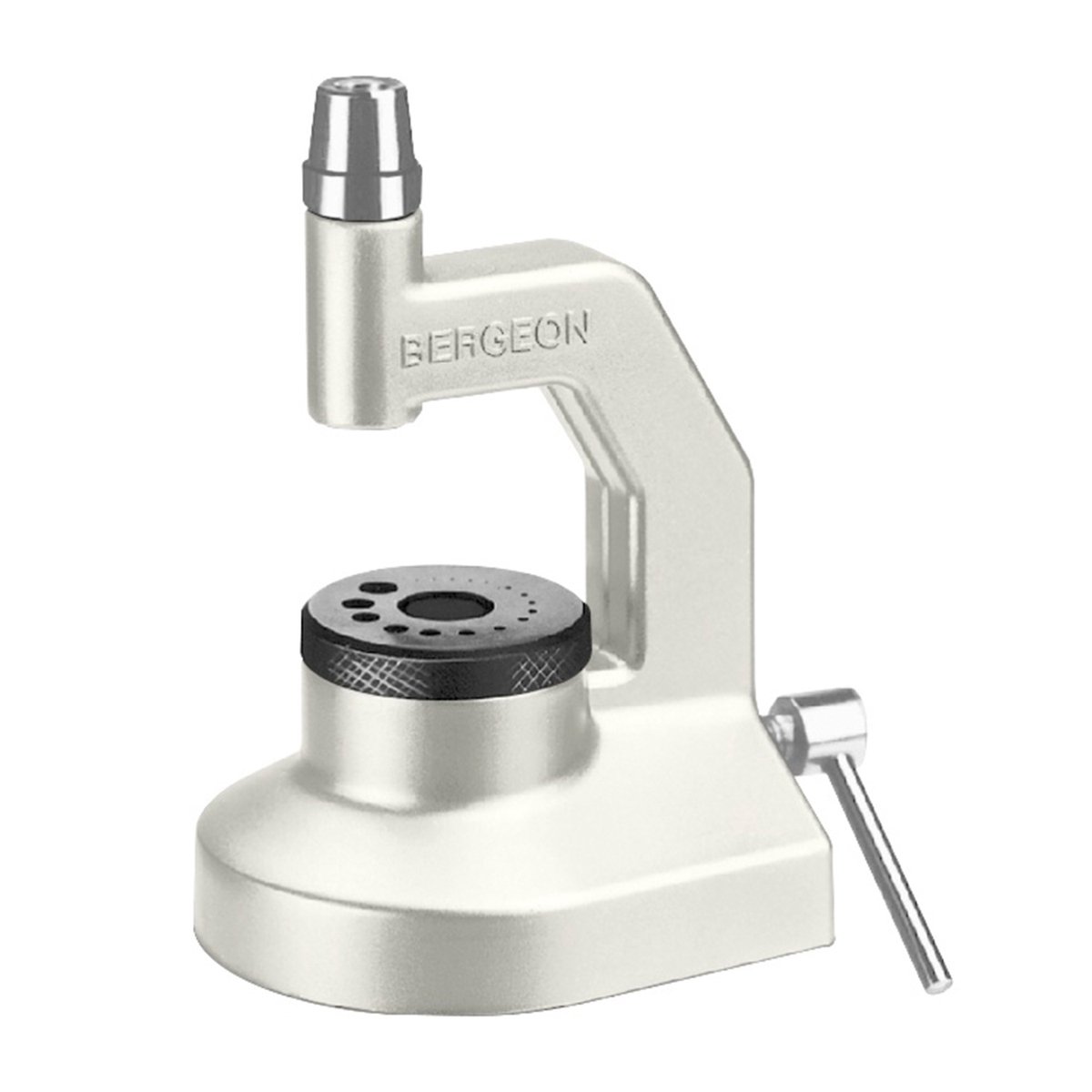 Bergeon klinkmachine 5285-B, zonder voetstuk, spuitgegoten, mat verchroomd, met 50 genummerde ponsen