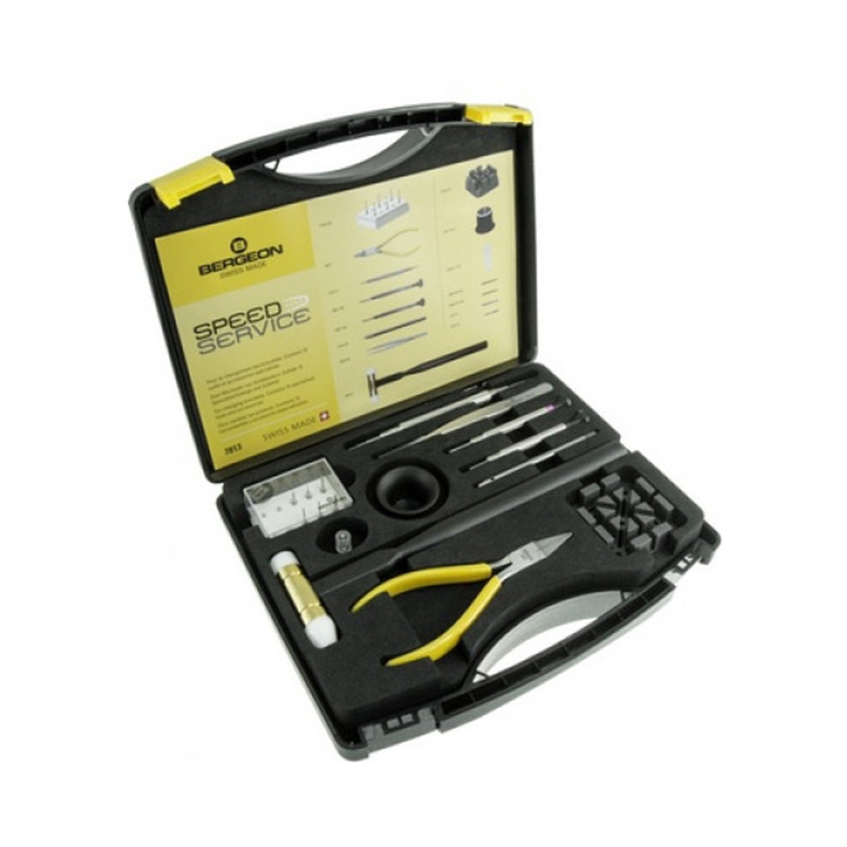 Bergeon 7813 gereedschapskoffer voor het verwisselen van banden, met 15 speciale gereedschappen, waaronder een veerstaafgereedschap, een graantang en een schroevendraaier