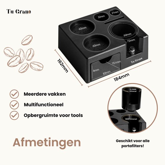 Afmetingen van zwart tamper station met aanduidingen voor vakkenmaten, tekst: Meerdere vakken, multifunctioneel, opbergruimte.