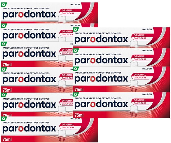 Verpakking van Parodontax Original tandpasta, 75ml, met groene en rode accenten.