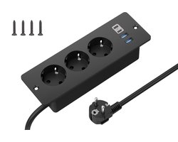 Intelectronics Inbouw Stekkerdoos met USB-C – 7-in-1 Power Hub met 3 Stopcontacten en 4 USB-Poorten – 2 m Kabel – Mat Zwart Luxe Design voor Bureau, Keuken, Vergadertafel of Werkplek – Elegant & Discreet Inbouwmodel
