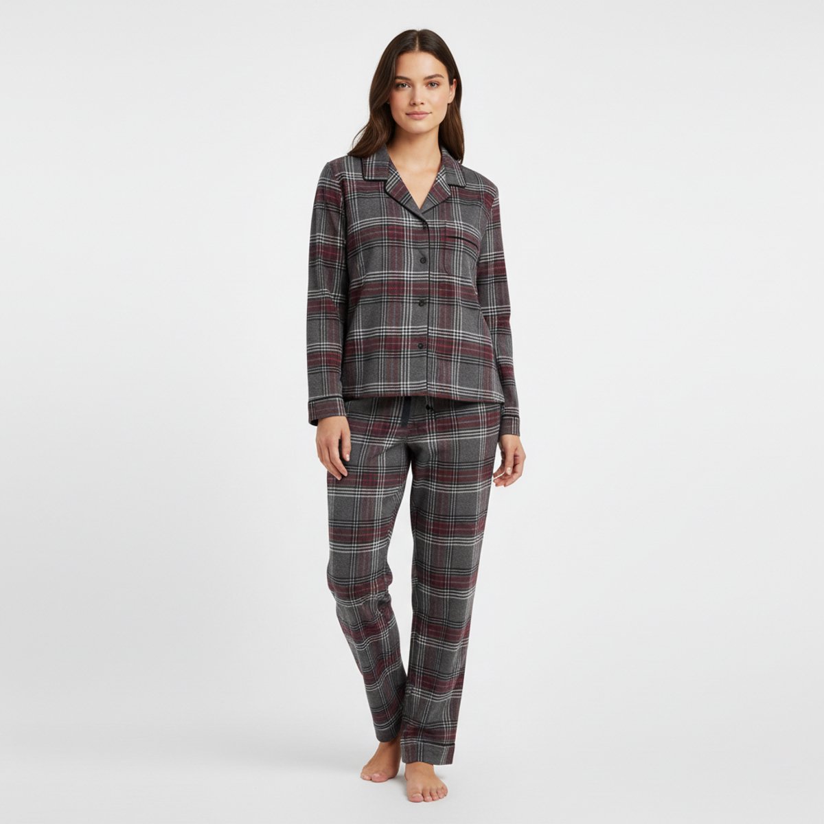 La V Flanel pyjamaset voor dames met geruit patroon Grijs-bordeaux rood Grijs/ bordeaux rood