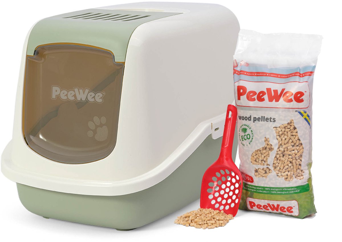 kattenbak systeem Ecohus startpakket - in een nieuwe trendy pastelkleur / crème - incl. Peewee korrels + schepje - 56 x 39 x 38,5 cm