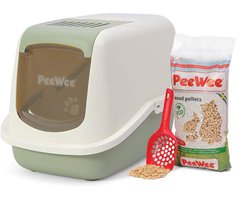 Peewee kattenbak systeem Ecohus startpakket - in een nieuwe trendy pastelkleur salie groen / crème - incl. Peewee korrels + schepje - 56 x 39 x 38,5 cm