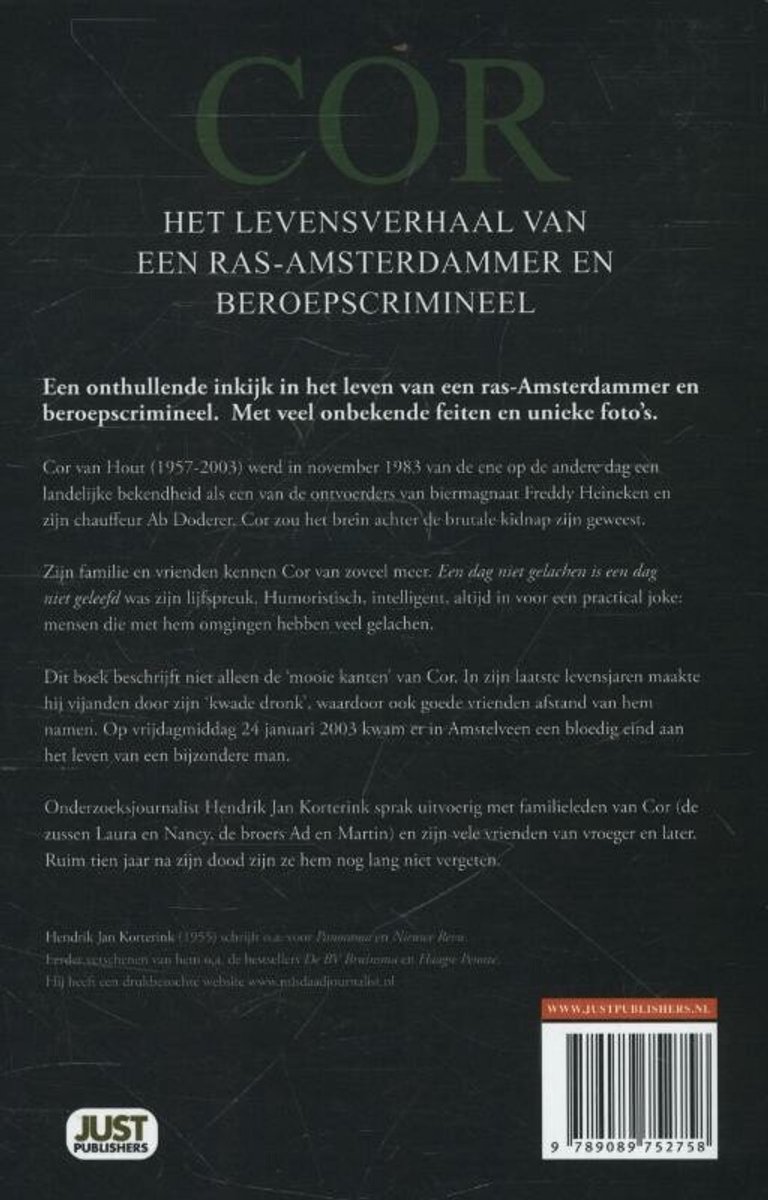 Achterflap van boek 'Cor' met samenvatting, auteurinformatie en ISBN.