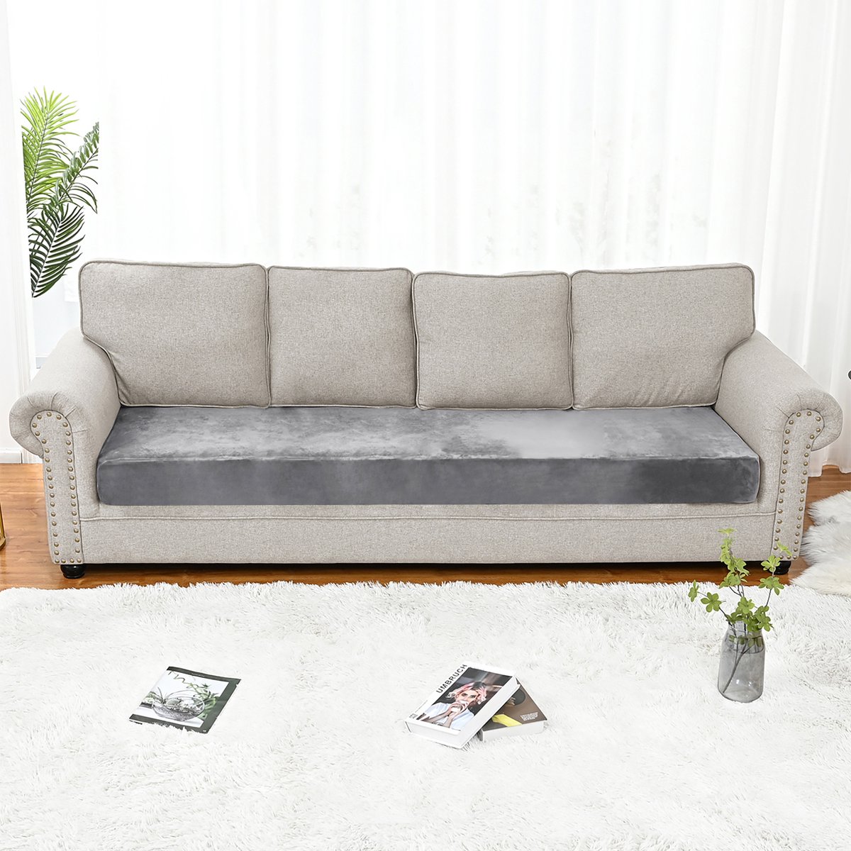 Qelus Grijs Fluweelen Zitkussenhoes Stretch 210-224x60-90cm voor 4 zitsbank - Rekbare Bankbeschermer tegen Vlekken & Mijt - Snel om te leggen