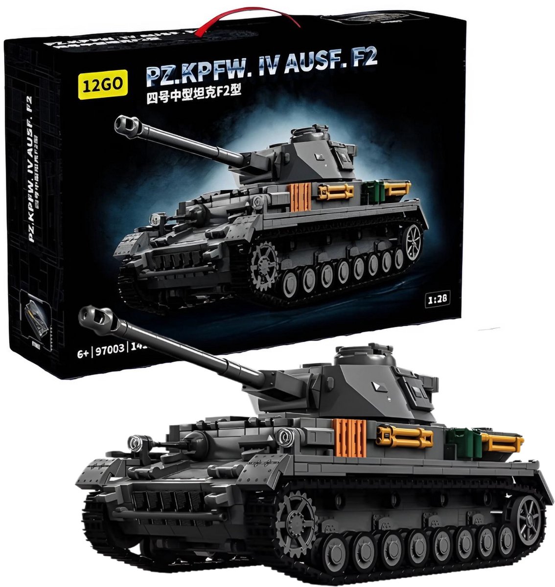 12GO 97003 | Pz.Kpfw. IV Ausf. F2 | 1419 onderdelen | Statisch | Afmetingen 28×12×11CM | Leeftijd 14+ | Compatible met bekende merken