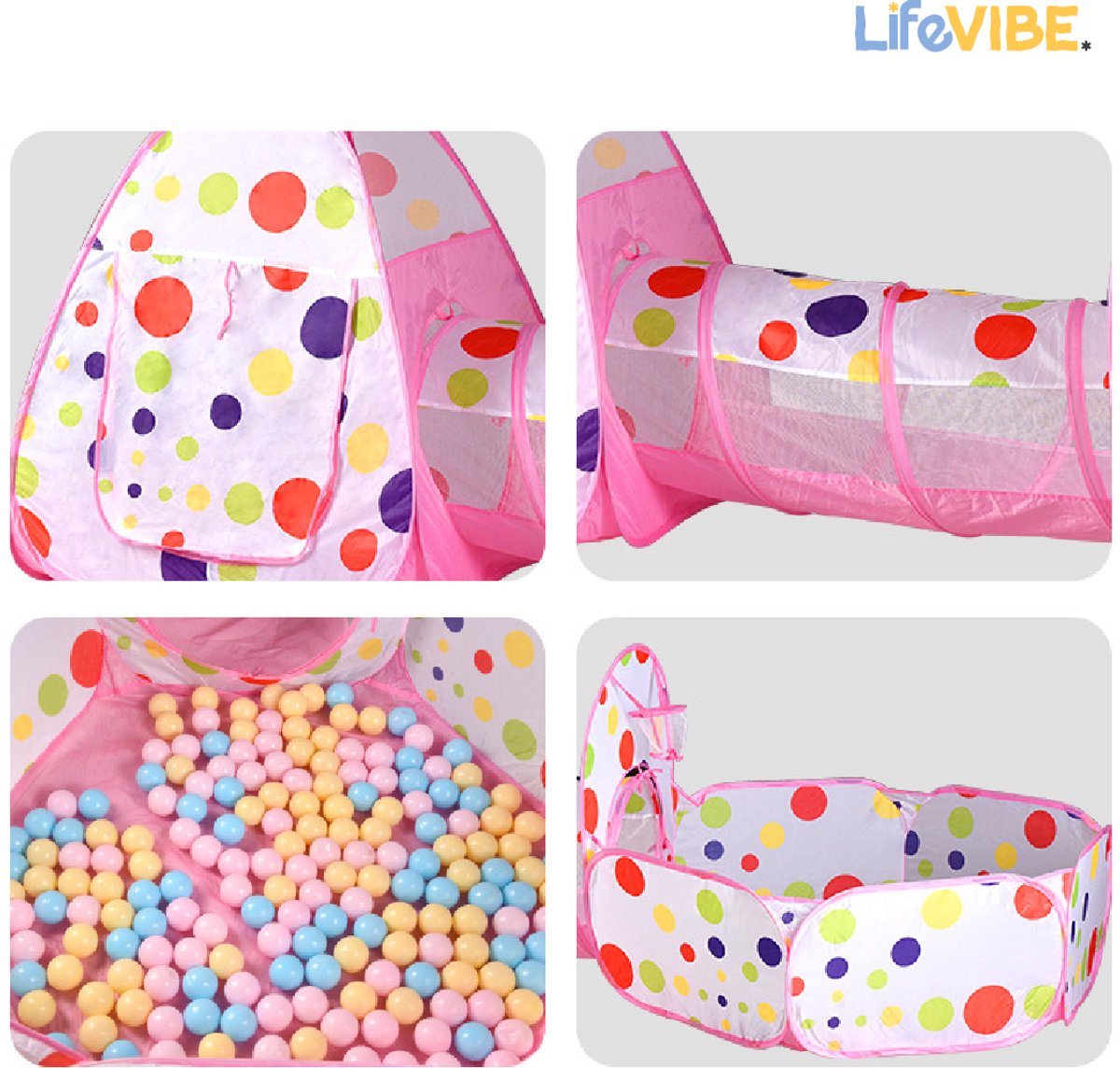 LifeVibe® Speeltent met Tunnel Roze - Kruiptunnel - Kindertent - Binnen en Buiten - Pop Up Tent - Meisjes en Jongens — afbeelding 6