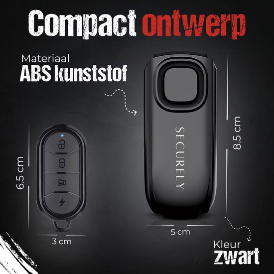 Zwart fietsalarm en afstandsbediening met afmetingen "6,5 cm", "3 cm", "5 cm", "8,5 cm" en kleur "Zwart".