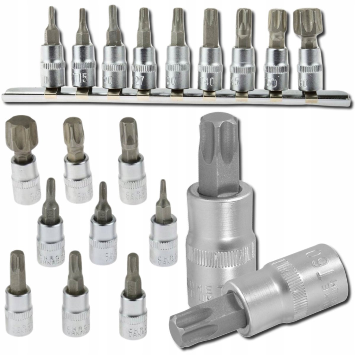 TORX Doppenset 1/4" T10-T60, 9 Delig, CrV Staal + Rail