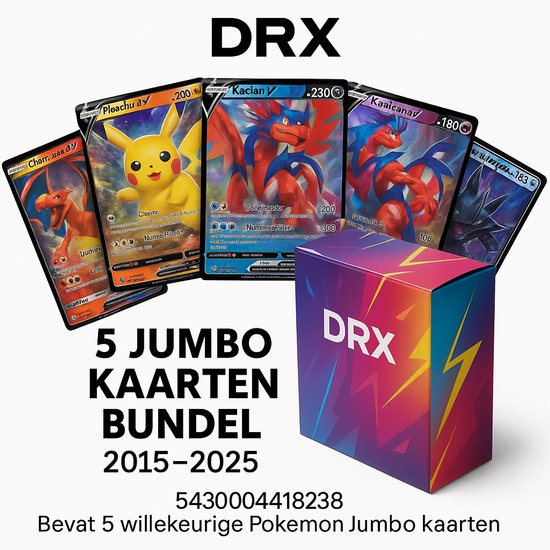DRX Pokémon Jumbo Kaarten Bundel – 5 Stuks (2015–2025) – Grote/ jumbo Collector Kaarten – Originele Pokémon Kaarten – Cadeau voor Fans & Kinderen – EAN 5430004418238