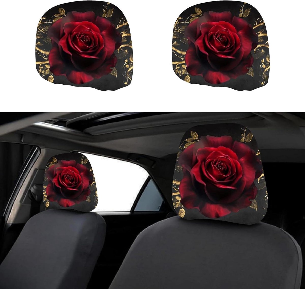 Image of 2 Stuks Universele Autostoel Hoofdsteun Covers - Rode Roos Patroon - Ademende Auto Accessoires