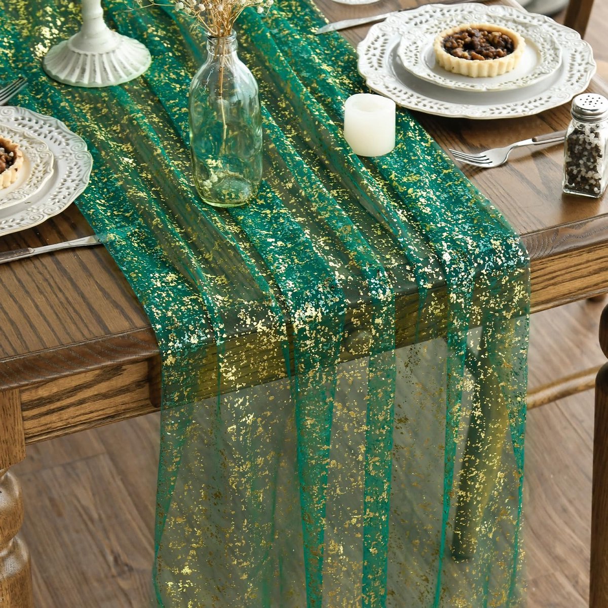 Set van 3 tafellopers van kaasdoek – Groen Goud – 70 x 300 cm – Tafeldecoratie voor feest, bruiloft of diner