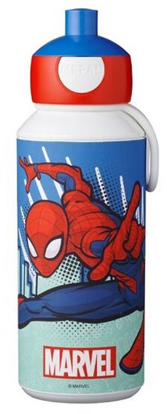 Gourde Mepal avec Spiderman en action sur fond bleu et blanc avec le logo Marvel.