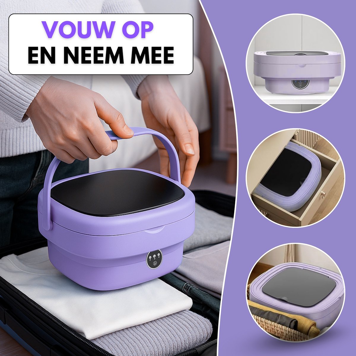 Boncy® Premium Mini Wasmachine met centrifuge - 11L Paars - Compacte Opvouwbare Miniwasmachine - Kleine Wasmachine Opvouwbaar - Ideaal voor Camping Apartement Kamer of Reizen - 4 kg + — afbeelding 6