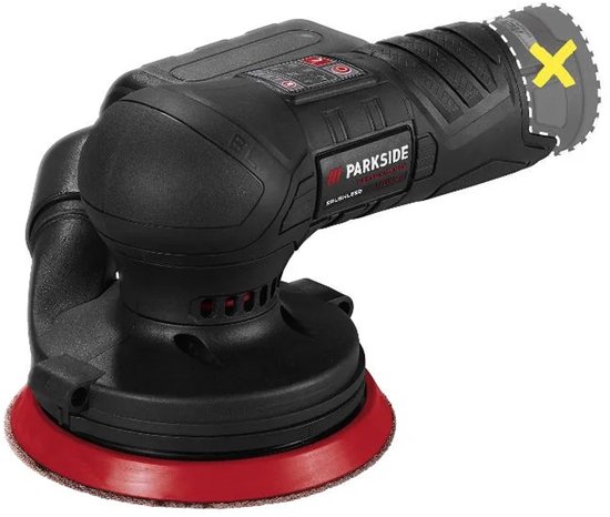 Parkside Performance accu-excentrische schuurmachine, zwart met rode schijf, met een markering op de achterkant.