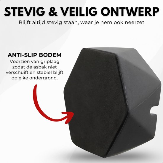 Zwarte, zeshoekige asbak met anti-slip bodem van griplaag. Tekst: STEVIG & VEILIG ONTWERP.