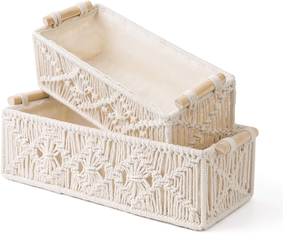 Ynkkvre-Set van 2 Handgeweven Katoenen Opbergmanden met Handgrepen – Decoratieve Mandjes voor Badkamer, Woonkamer, Slaapkamer en Kantoor