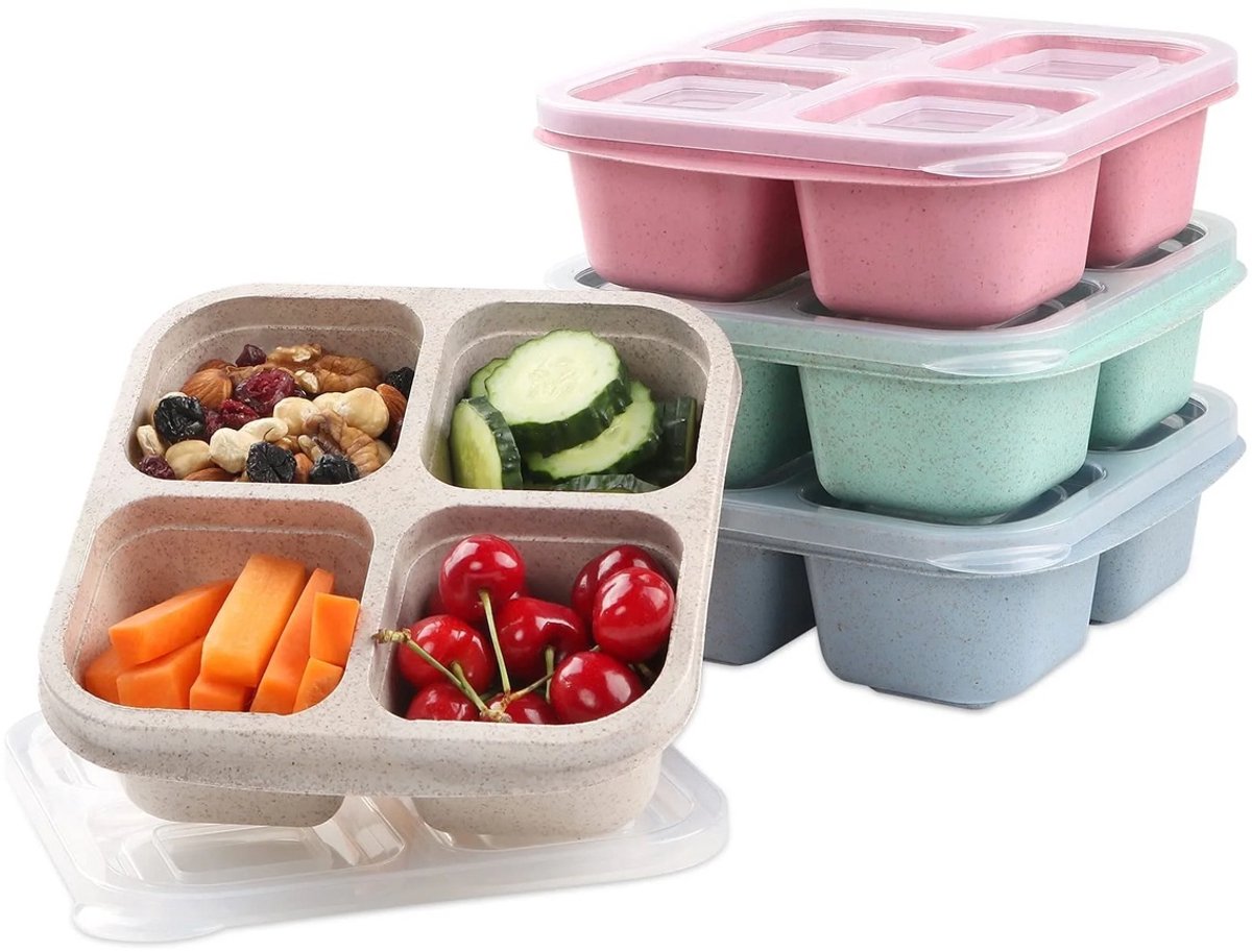 EXCITAT Snackboxen met compartimenten - Snackboxen met doorzichtige deksels - Herbruikbare snackboxen - voor school, werk en reizen - 4 stuks