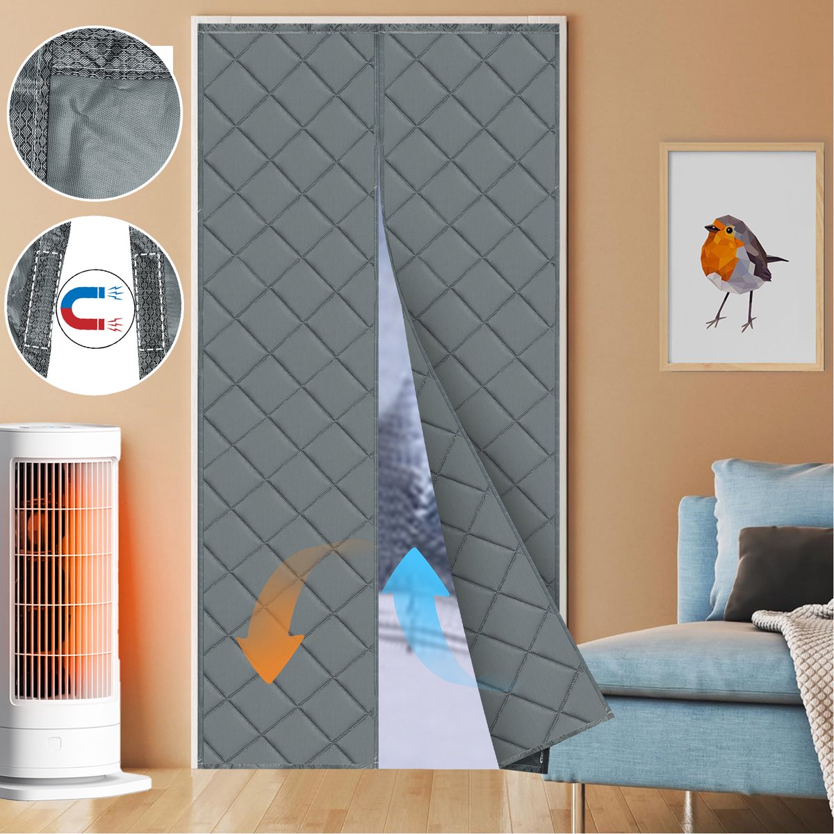Qelus Magnetisch Warmtewerend Deurgordijn Grijs - 90 x 210 cm - 540 GSM - Thermisch Isolerend en Geluidsdicht - Automatisch Sluiten - Winddicht Verduisterend gordijn met Klittenband voor Winter & Zomer