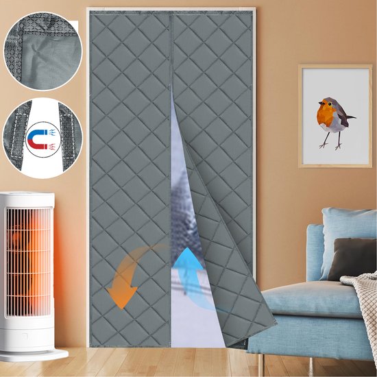 Qelus Magnetisch Warmtewerend Deurgordijn Grijs - 90 x 210 cm - 540 GSM - Thermisch Isolerend en Geluidsdicht - Automatisch Sluiten - Winddicht Verduisterend gordijn met Klittenband voor Winter & Zomer