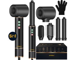 Actueell®Pro Airstyler krultang 5 in 1 Multistyler Föhn - 1400 Watt Haarstyler - Hairwrap Föhnborstel - Airwrap - Haardroger - Stijlborstel en Krulborstel – Warmteborstel – Thermal Brush- Heteluchtborstel – Haarfohn - Warmte handschoen - Zwart