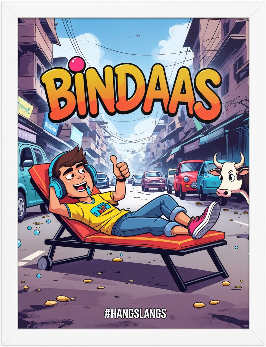 Funny Hindi Slang Poster Bindaas – Quirky Wall Art Print – Desi Home & Living Room Décor – 30×40 cm / A3 White