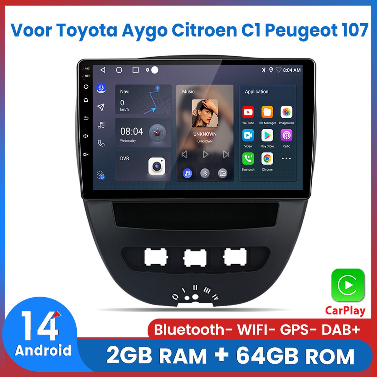 Awesafe Carplay Autoradio Geschikt Voor Toyota Aygo Citroen C1 PEUGEOT 107 2005-2014 - Android14 - 2GB RAM + 64GB ROM - Draadloos CarPlay & Android Auto - Bluetooth & WiFi - GPS Navigatie