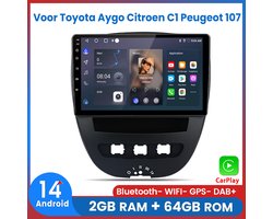 Awesafe Carplay Autoradio Geschikt Voor Toyota Aygo Citroen C1 PEUGEOT 107 2005-2014 – Android14 – 2GB RAM + 64GB ROM – Draadloos CarPlay & Android Auto – Bluetooth & WiFi – GPS Navigatie