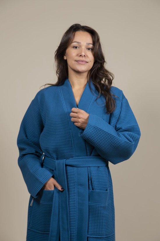Sauna Wafel Badjas Dames – Cozylion – 100% Duurzaam Katoen – Oeko-Tex – Blauw – Kimono Stijl – Wafel Badjassen Vrouwen – Sauna & Wellness Ochtendjas voor Vrouw