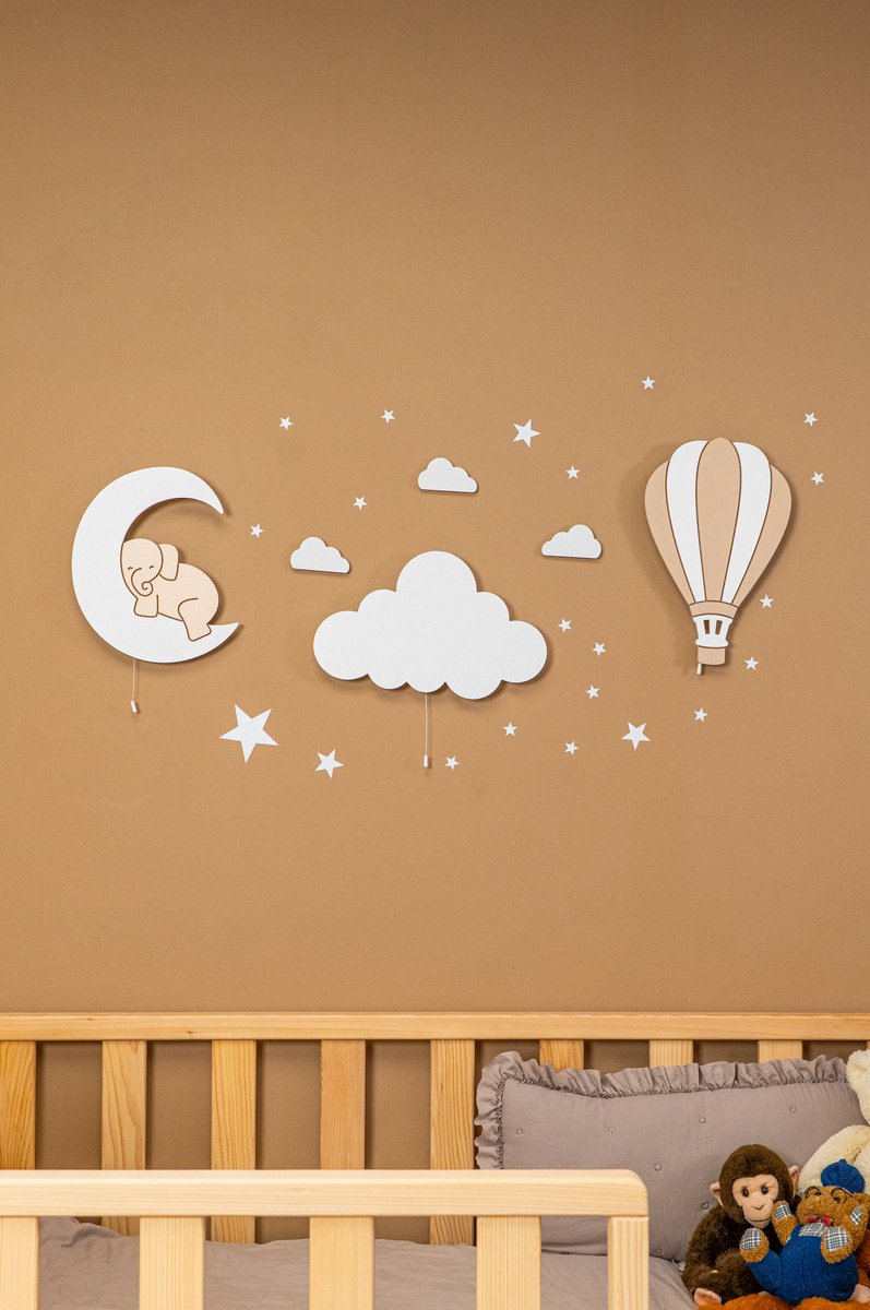 Cozy – 3-delige Montessori Kinderlampen Set – Wandlampen van Hout – Heißluftballon, Wolk & Olifant op de Maan – Handgemaakt & Kindveilig