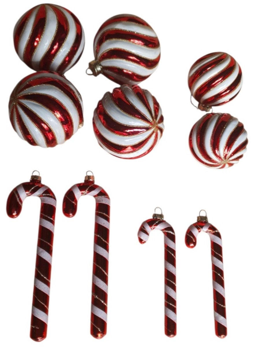 House of Seasons Hang ornament glazen bal,zuurstok,Rood Set van10