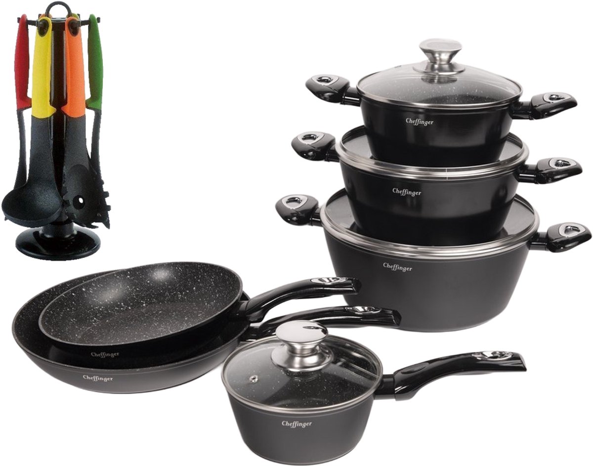 Cheffinger pannenset 10 delig pannen glazen deksel coating uitgebreide set kwaliteit