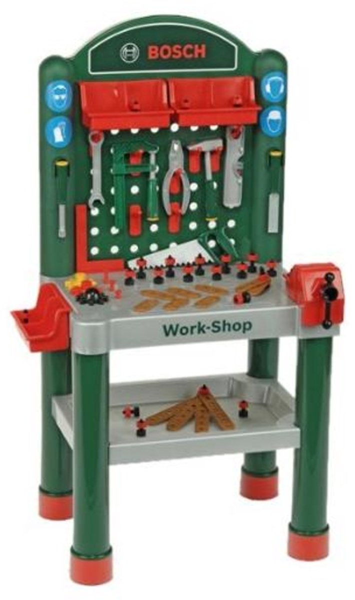 Klein Toys Bosch mini multifunctionele speelgoed werkbank – met 79 accessoires – werkblad met leerfunctie – donkergroen — afbeelding 3