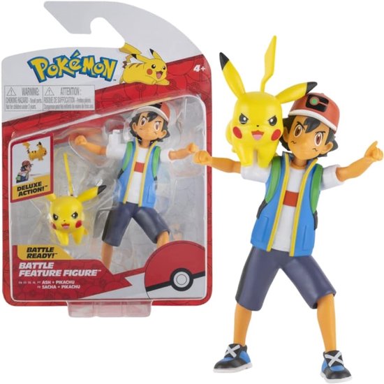 Emballage de figurines d'action Ash et Pikachu, avec le texte "Battle Ready!".