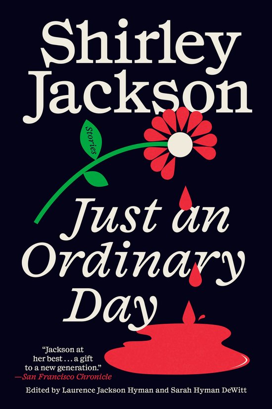 Boek "Just an Ordinary Day" van Shirley Jackson, met een bloem en rode druppels op een donkere achtergrond.