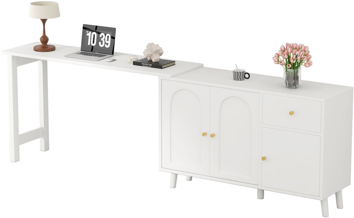 Merax Bureau met Dressoir 2-in-1 - 360° Draaibaar - Wit met Goud - 120x40x74,5 cm
