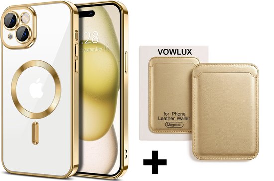 Coque pour iPhone 15 Pro avec bordure dorée, logo MagSafe, plus un porte-cartes MagSafe doré.