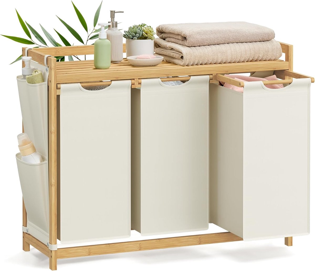 Conway Living® Wasmand 3 vakken – wassorteerder - wasmanden - wasbox - wasmand hout - wasmand - wasmanden bruin - 150 liter - 3 zakken - uitschuifbaar met plank - 94 x 33 x 78 cm