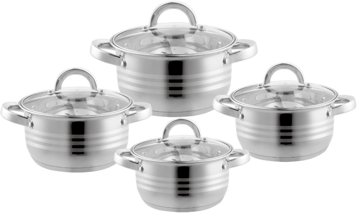 Bavary Pannenset ® - 8 Delig - RVS - Met Glazen Deksels - RVS Pan / Steelpan / Koekenpan - PFAS-vrij - Inductie