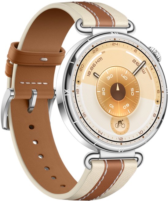 Zilverkleurig horloge met crème- en bruine band, met gouden wijzerplaat.