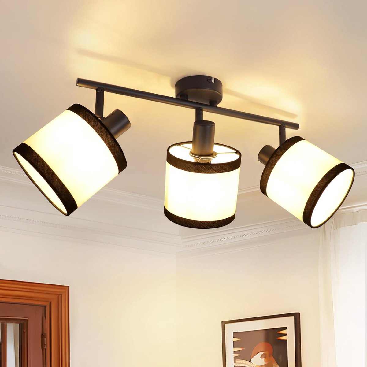 Glitzerlife Vintage Plafondspots - Plafondlamp - Zwart Stof 3-lichts - E14 Fitting 350° Draaibaar - Vintage Design voor Slaapkamer, Hal, Woonkamer, Keuken, Zonder Lichtbron