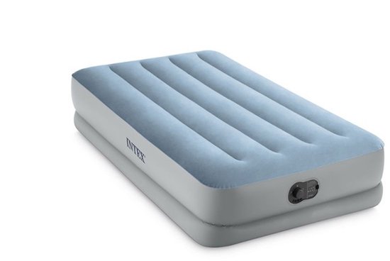 Intex luchtbed in blauw met grijze zijkanten en vilten toplaag.