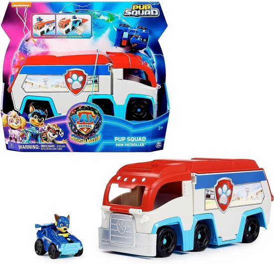 PAW Patrol The Mighty Movie - Pup Squad Patroller speelgoedtruck met Mighty Pups Chase Squad speelgoedauto