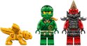 Een groene LEGO ninjapopper met sjaal, een rode ninjapopper met hoed en wapens, en een gele draak met vleugels.