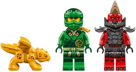 Een groene LEGO ninjapopper met sjaal, een rode ninjapopper met hoed en wapens, en een gele draak met vleugels.