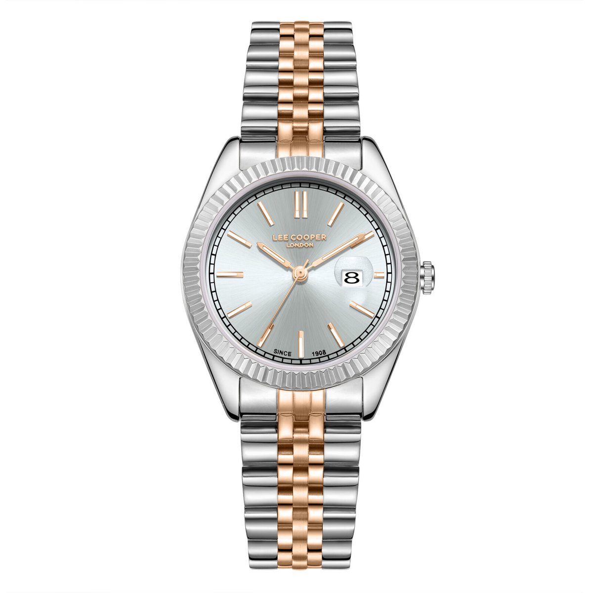 Lee Cooper LC08210.570 - Horloge - Polshorloge - Analoog - Dames - Vrouwen - Stalen band - Metaal - Rond - Strepen - Datumaanduiding - Zilverkleurig - Rosékleurig - Lichtgroen - Wit - Zwart