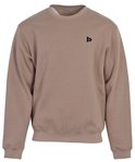 Taupe-grijze trui met ronde hals en een zwart logo op de borst.