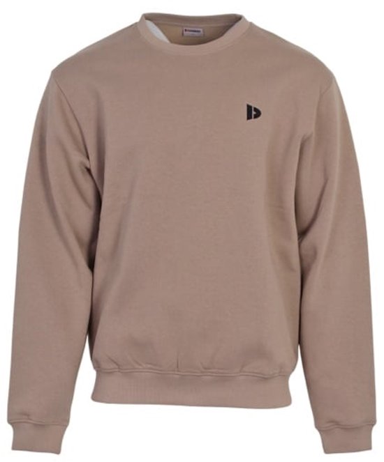 Taupe-grijze trui met ronde hals en een zwart logo op de borst.