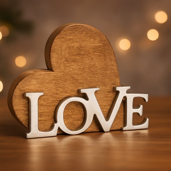 Coeur - Valentine - Coeur en bois de manguier avec lettres en métal argenté LOVE - Automne - Ambiance - Noël - Cadeau - Amour